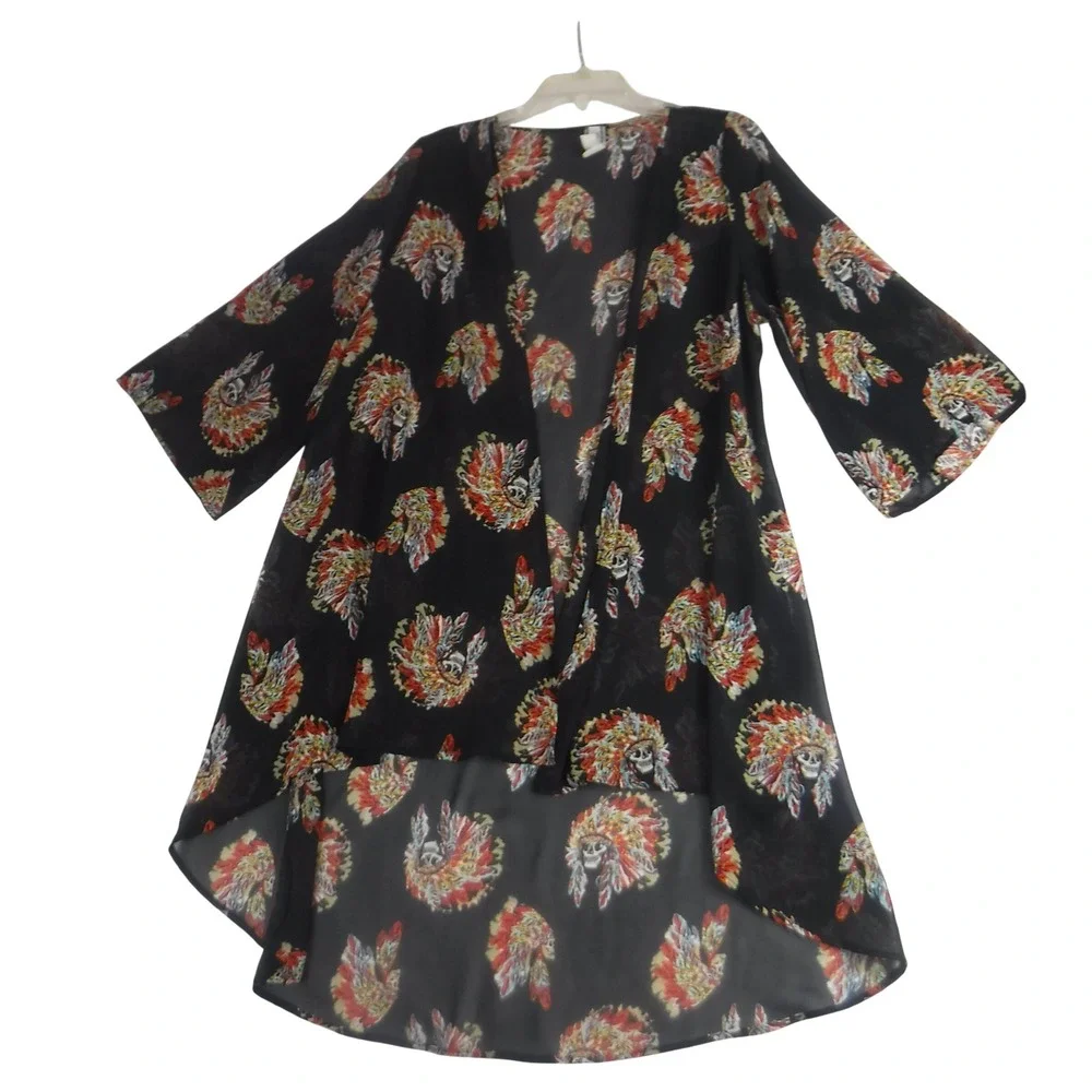 Giddy‎ Up Glamour Skull Headdress Kimono Cardigan Black High Low Sheer XL 1410